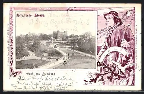 AK Hamburg, Blick über die Helgoländer Strasse, Passepartout mit Seemann
