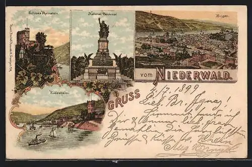 Lithographie Bingen / Rhein, Panorama, Nationaldenkmal Niederwald & Rüdesheim