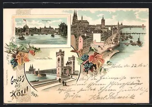 Lithographie Köln, Volksgarten, Eisenbahnbrücke und Dom, Ortsansicht