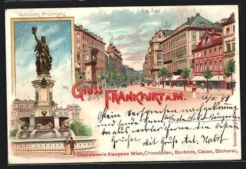 Lithographie Frankfurt a. M., Partie an der Zeil, Schützen-Brunnen