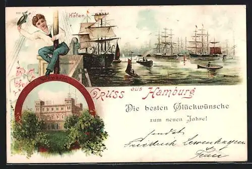 Lithographie Hamburg, Hafen, Seewarte