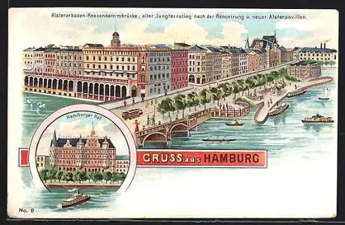 Lithographie Hamburg, Alsterarkaden-Reesendammbrücke, Jungfernstieg