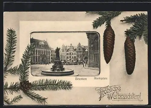 AK Bremen / Stadt, Brunnen am Marktplatz, Passepartout mit Tannenzapfen, Weihnachtskarte