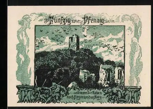 Notgeld Frankenhausen a. Kyffh. 1921, 50 Pfennig, Eine Schar Raben fliegt um den Berg