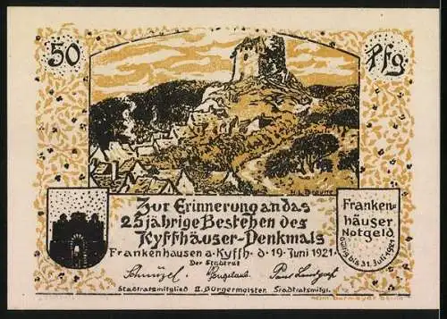 Notgeld Frankenhausen a. Kyffh. 1921, 50 Pfennig, Eine Schar Raben fliegt um den Berg