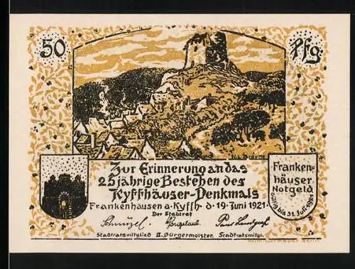 Notgeld Frankenhausen a. Kyffh. 1921, 50 Pfennig, Ortspartie, Wappen