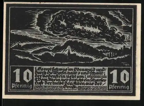 Notgeld Fränkisch-Crumbach /Hess. Odenwald 1921, 10 Pfennig, Ortspartie und Reiter