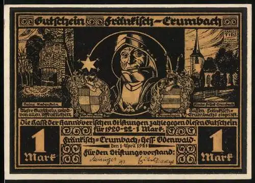 Notgeld Fränkisch-Crumbach /Hess. Odenwald 1921, 1 Mark, Ritter, Ruine Kadenstein, Kirche