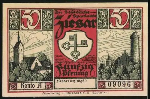 Notgeld Ziesar /Bez. Mgb., 50 Pfennig, Teilansicht mit Schloss, Wappen