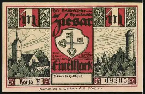 Notgeld Ziesar /Bez. Mgb., 1 Mark, Caspar Hans Edler Herr zu Putlitz als Gefangener des Bischofs, Wappen