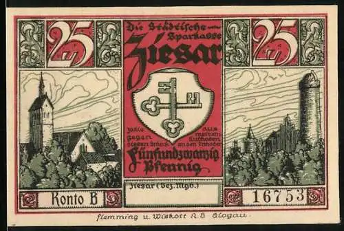 Notgeld Ziesar /Bez. Mgb., 25 Pfennig, Kirche, Burg, Wappen