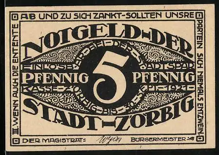 Notgeld Zörbig, 5 Pfennig, Banknote mit Ornament
