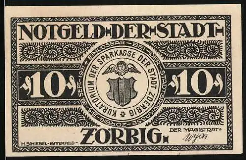 Notgeld Zörbig 1921, 10 Pfennig, Dorotheenhof, Engel mit Wappen