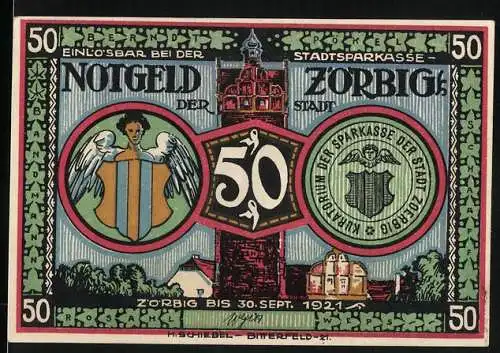 Notgeld Zörbig 1921, 50 Pfennig, Turm, Engel mit Wappen