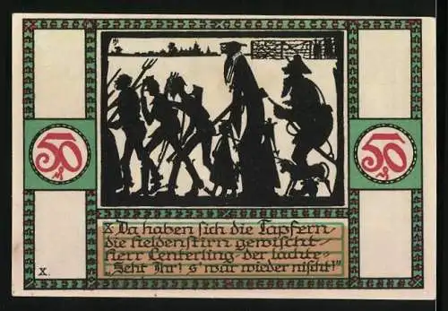 Notgeld Zörbig 1921, 50 Pfennig, Turm, Engel mit Wappen