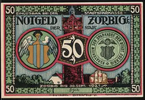 Notgeld Zörbig 1921, 50 Pfennig, Turm, Engel mit Wappen