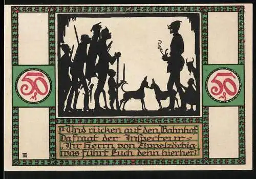Notgeld Zörbig 1921, 50 Pfennig, Familie auf dem Heimweg, Engel mit Wappen