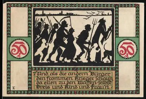 Notgeld Zörbig 1921, 50 Pfennig, Bewaffnete Bürger, Engel mit Wappen
