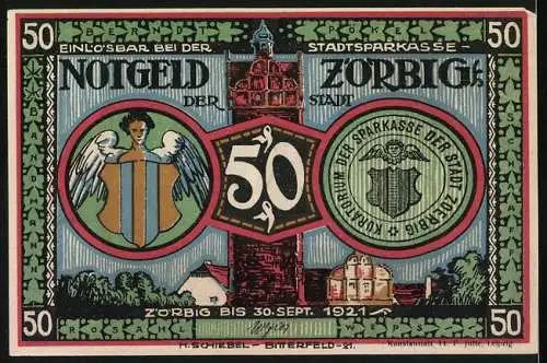 Notgeld Zörbig 1921, 50 Pfennig, Bewaffnete Bürger, Engel mit Wappen