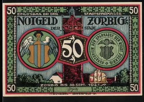 Notgeld Zörbig 1921, 50 Pfennig, Turm, Engel mit Wappen