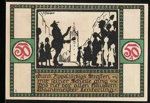 Notgeld Zörbig 1921, 50 Pfennig, Bürger und Wachtmeister, Engel mit Wappen