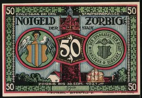 Notgeld Zörbig 1921, 50 Pfennig, Bürger und Wachtmeister, Engel mit Wappen