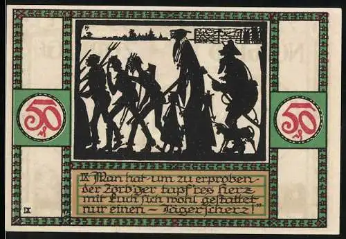 Notgeld Zörbig 1921, 50 Pfennig, Bewaffnete Bürger, Engel mit Wappen