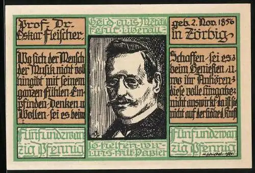 Notgeld Zörbig 1921, 25 Pfennig, Prof. Dr. Oskar Fleischer, Geb. 1856