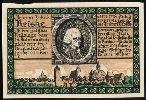 Notgeld Zörbig 1921, 25 Pfennig, Teilansicht, Johann Jakob Reiske, 1716-1774