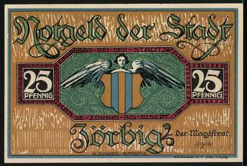 Notgeld Zörbig 1921, 25 Pfennig, Oberamtmann B. Jäger errichtete die erste Tabakfabrik in Preuss. u. Frd.-W.