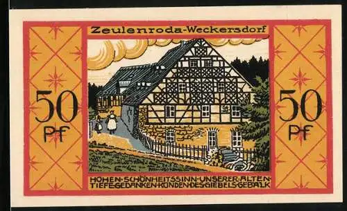 Notgeld Zeulenroda-Weckersdorf 1921, 50 Pfennig, Fachwerkhaus, Wappen