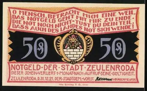 Notgeld Zeulenroda-Weckersdorf 1921, 50 Pfennig, Fachwerkhaus, Wappen