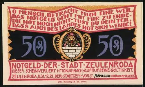 Notgeld Zeulenroda-Wolschendorf 1921, 50 Pfennig, Linde, Wappen