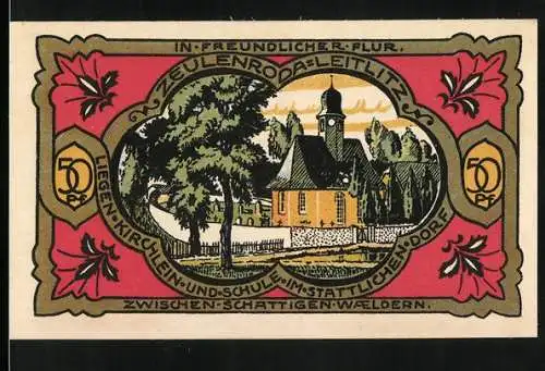 Notgeld Zeulenroda-Leitlitz 1921, 50 Pfennig, Kirche und Schule