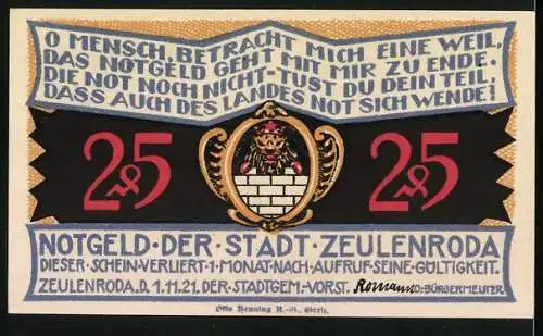Notgeld Zeulenroda 1921, 25 Pfennig, Strassenpartie, Wappen