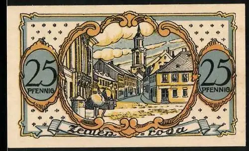 Notgeld Zeulenroda 1921, 25 Pfennig, Strassenpartie mit Turm, Wappen