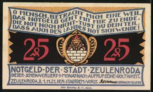 Notgeld Zeulenroda 1921, 25 Pfennig, Strassenpartie mit Turm, Wappen