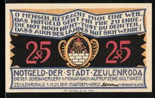Notgeld Zeulenroda 1921, 25 Pfennig, Wappen