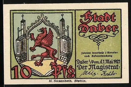 Notgeld Daber 1921, 10 Pfennig, Stadtwappen