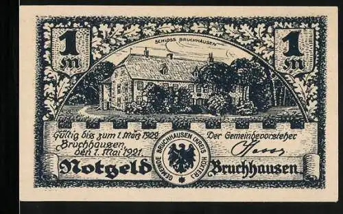 Notgeld Bruchhausen 1921, 1 Mark, Schloss Bruchhausen, Wappen