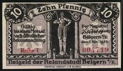 Notgeld Belgern a. Elbe 1920, 10 Pfennig, Rathaus
