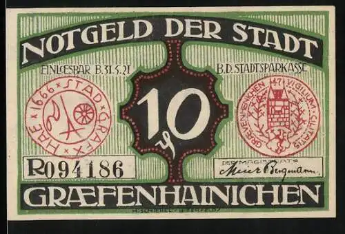 Notgeld Gräfenhainichen 1921, 10 Pfennig, Rathaus, Paul Gerhardt`s Geburtshaus