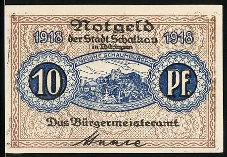 Notgeld Schalkau in Thüringen 1918, 10 Pfennig, Ruine Schaumburg