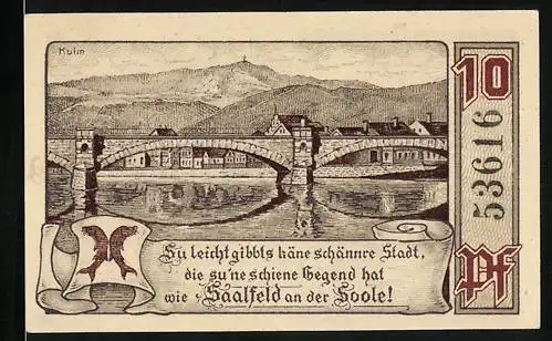 Notgeld Saalfeld an der Saale, 10 Pfennig, Uferpartie mit Brücke und Kulm