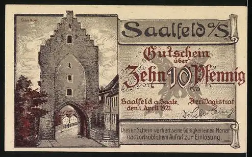 Notgeld Saalfeld an der Saale, 10 Pfennig, Uferpartie mit Brücke und Kulm