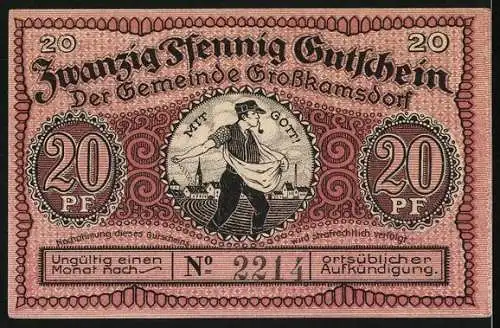 Notgeld Grosskamsdorf 1921, 20 Pfennig, Ortspartie mit Bergmann