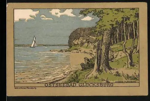 Notgeld Glücksburg /Ostsee 1920, 50 Pfennig, Uferpartie mit Segelboot