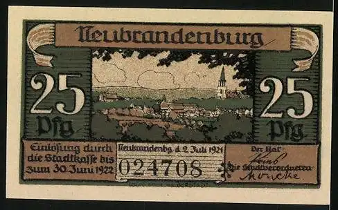 Notgeld Neubrandenburg 1921, 25 Pfennig, Blick auf den See