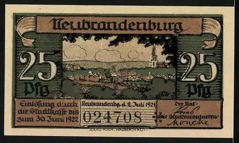 Notgeld Neubrandenburg 1921, 25 Pfennig, Belvedère