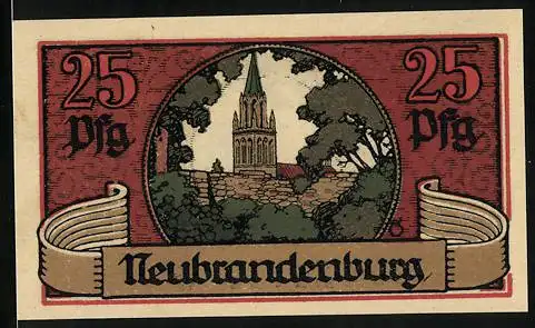 Notgeld Neubrandenburg 1921, 25 Pfennig, Kirche und Mauer